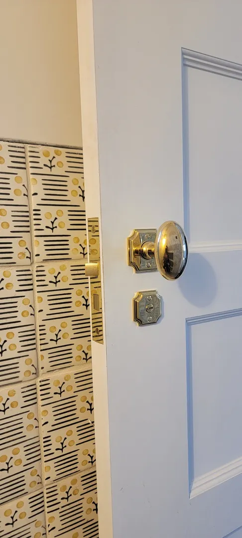 Polished brass knob and latch hardware on a painted paneled door.