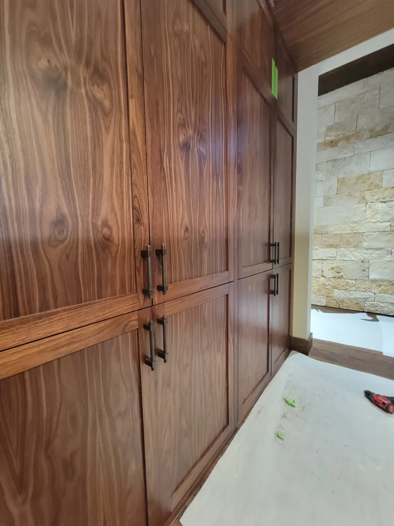 Finished paneled entry wall with concealed doors and coordinated architectural hardware.
